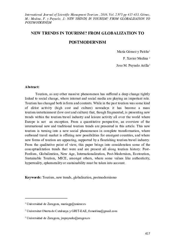 (PDF) New trends in tourism? From globalization to postmodernism F