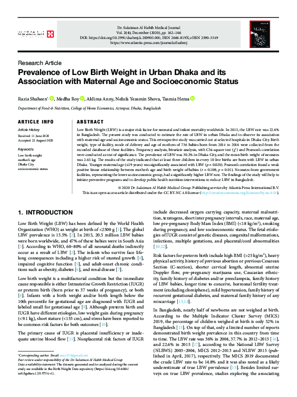 (PDF) Prevalence of Low Birth Weight in Urban Dhaka and its Association ...