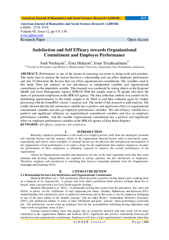 (PDF) Satisfaction and Self Efficacy towards Organizational Commitment ...