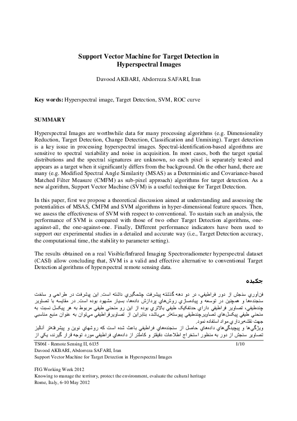 (PDF) Support Vector Machine for Target Detection in Hyperspectral Images