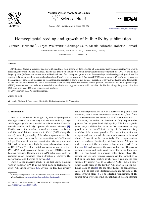 (PDF) Homoepitaxial seeding and growth of bulk AlN by sublimation