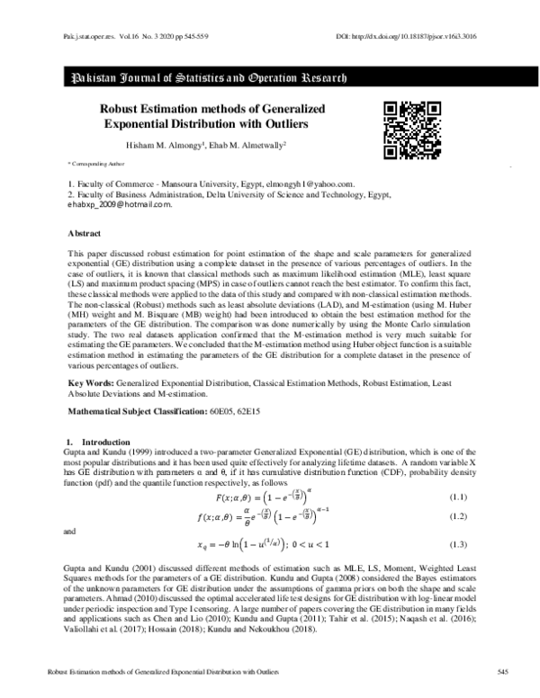 (PDF) Robust Estimation methods of Generalized Exponential Distribution ...