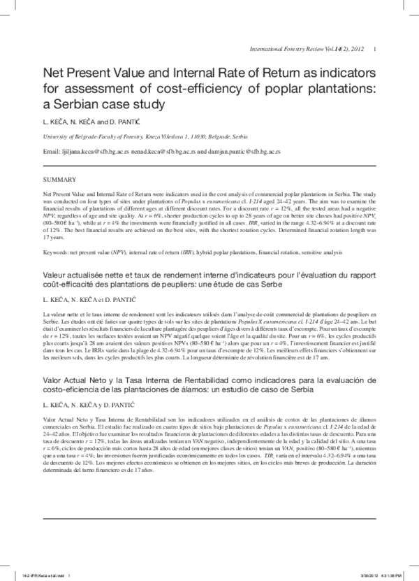 (PDF) Net Present Value and Internal Rate of Return as indicators for ...