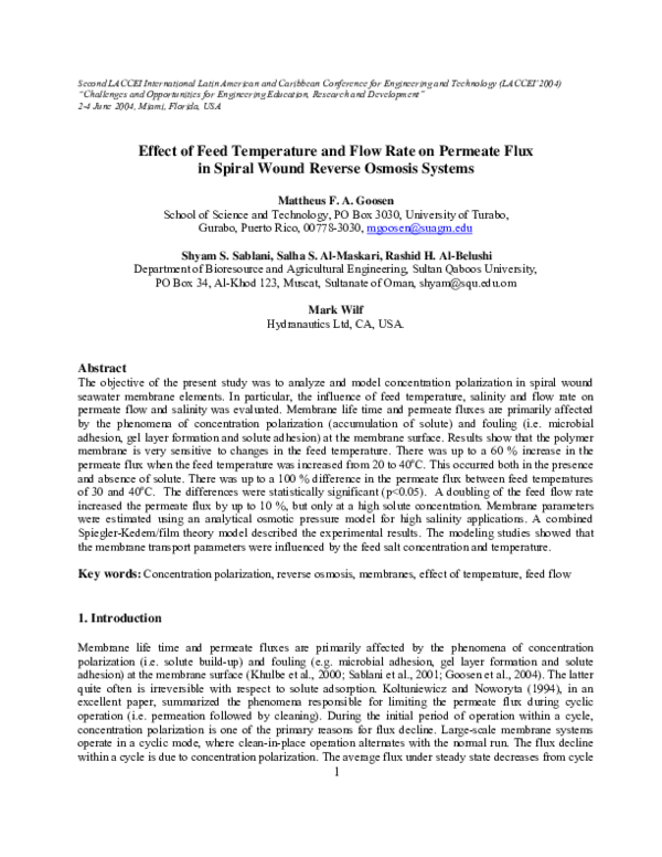(PDF) Effect of Feed Temperature and Flow Rate on Permeate Flux in ...