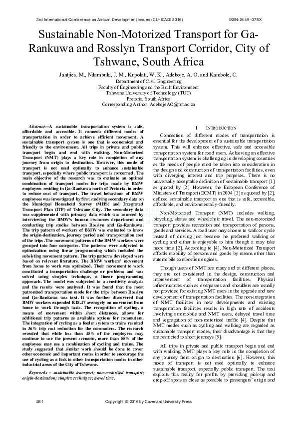 Sustainable Non-Motorized Transport for Ga-Rankuwa and Rosslyn Transport Corridor, City ofTshwane, South Africa
