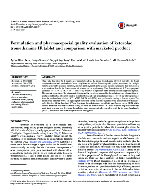 (PDF) Formulation and pharmacopoeial quality evaluation of ketorolac ...