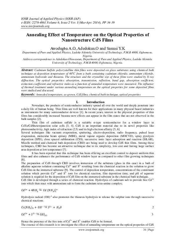 (PDF) Annealing Effect of Temperature on the Optical Properties of ...
