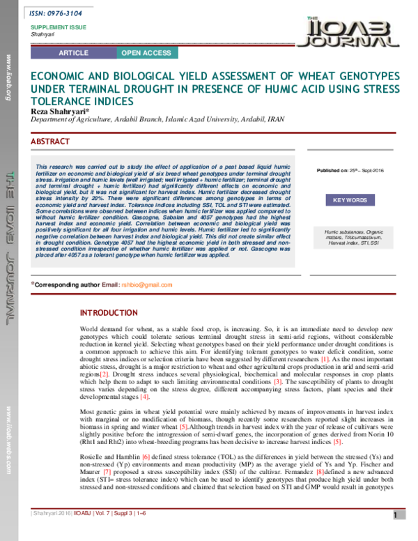 (PDF) Economic and Biological Yield Assessment of Wheat Genotypes Under ...