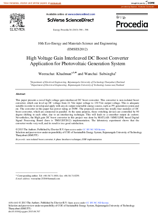 (PDF) High Voltage Gain Interleaved DC Boost Converter Application for ...