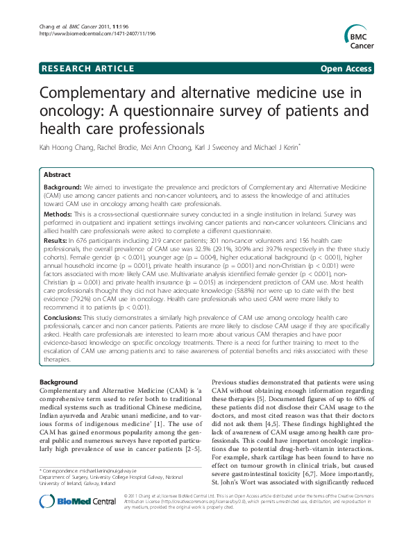 (PDF) Complementary and alternative medicine use in oncology: A ...