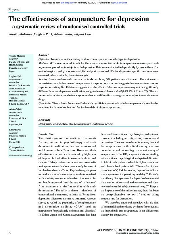 (PDF) The effectiveness of acupuncture for depression a systematic