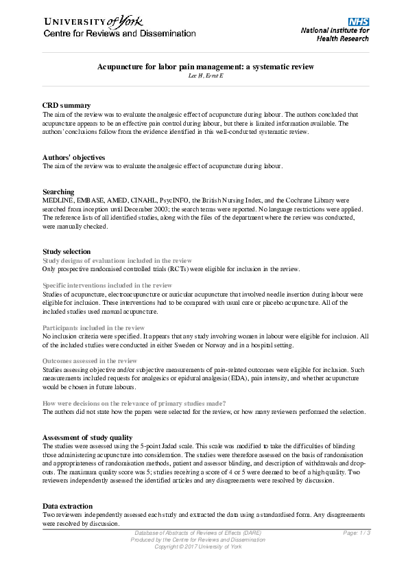 (PDF) Acupuncture for labor pain management A systematic review