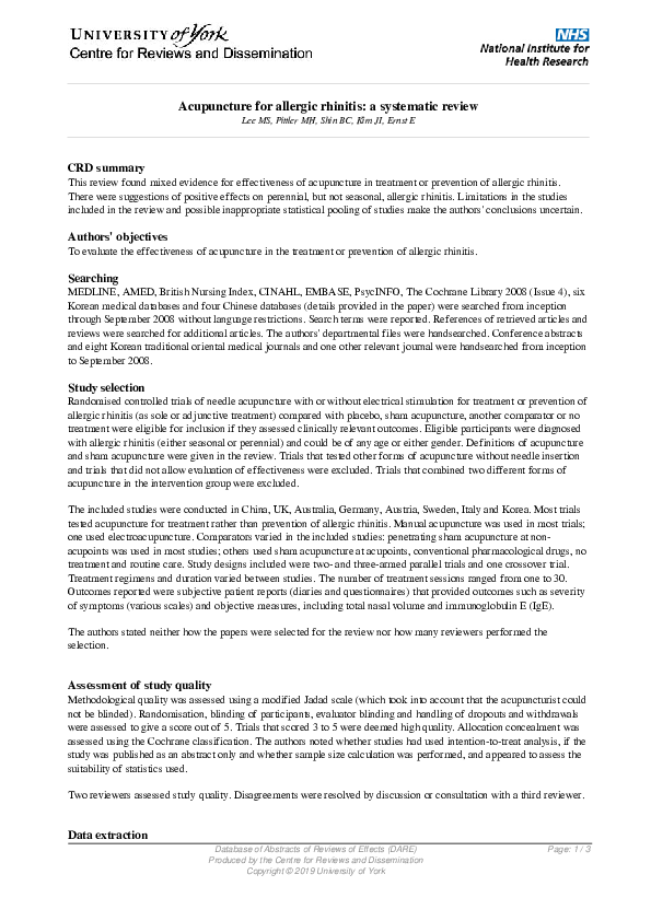 (PDF) Acupuncture for allergic rhinitis: a systematic review | edzard E ...