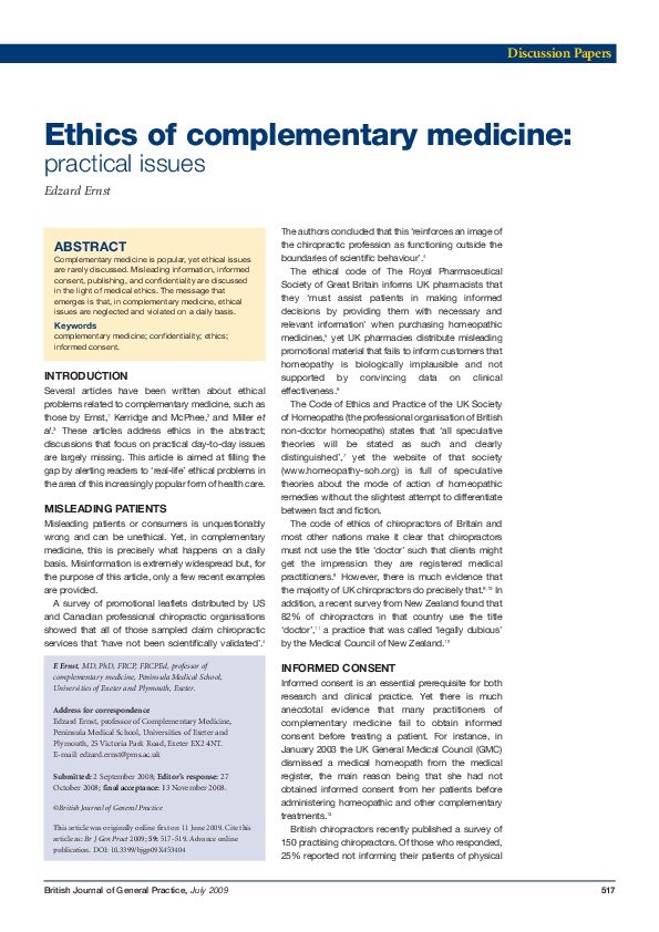 (PDF) Ethics of complementary medicine: practical issues