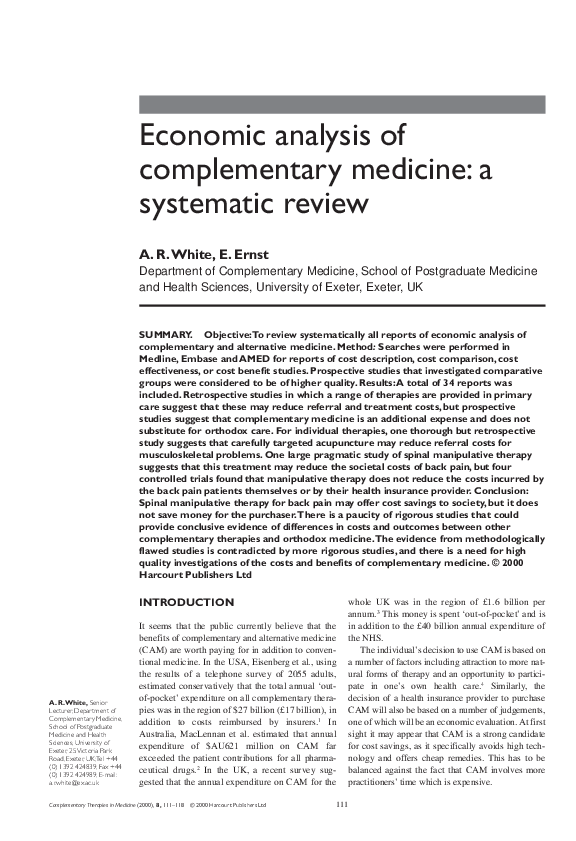 (PDF) Economic analysis of complementary medicine: a systematic review