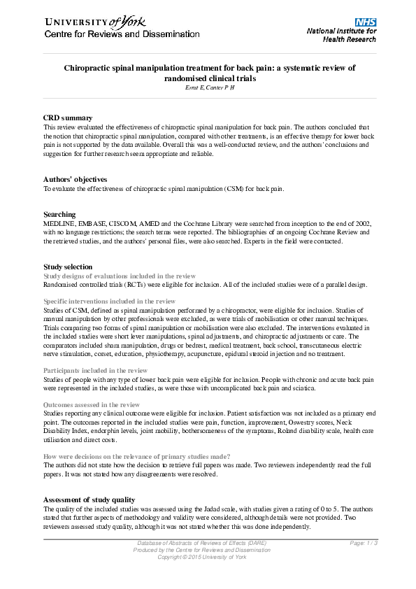 (PDF) Chiropractic Spinal Manipulation Treatment for Back Pain? A