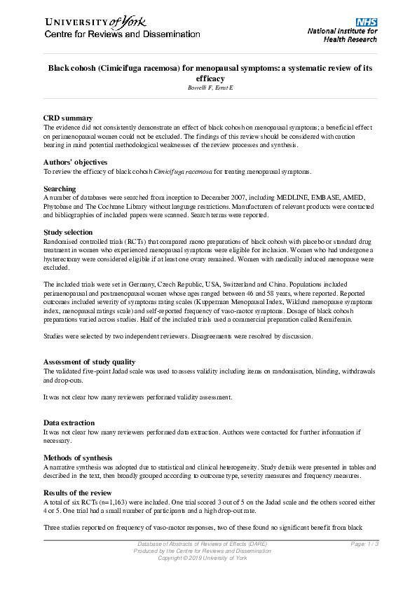 (PDF) Black cohosh (Cimicifuga racemosa) for menopausal symptoms A