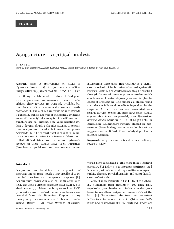 (PDF) Acupuncture a critical analysis edzard E Ernst Academia.edu