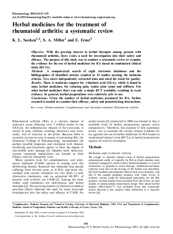 (PDF) Herbal medicines for the treatment of rheumatoid arthritis a