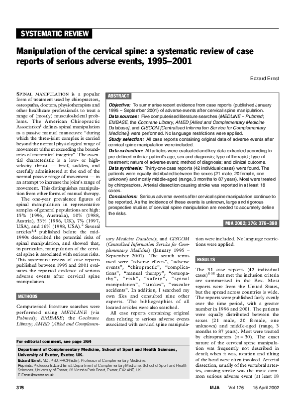 (PDF) Manipulation of the cervical spine: a systematic review of case ...