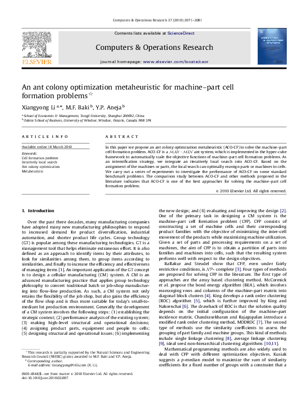 (PDF) An ant colony optimization metaheuristic for machine-part cell ...