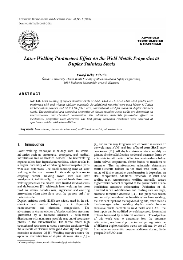 (PDF) Laser Welding Parameters Effect on the Weld Metals Properties at ...