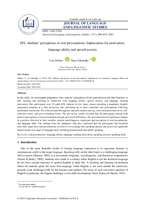(PDF) EFL students’ perceptions of oral presentations: Implications for ...