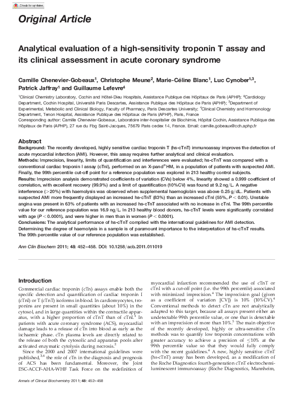 (PDF) Analytical evaluation of a high-sensitivity troponin T assay and ...