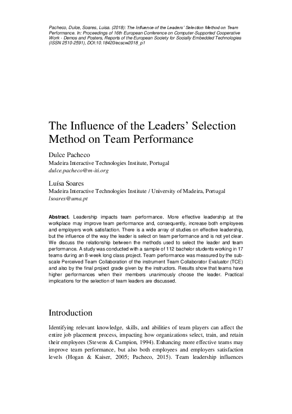 (PDF) The Influence of the Leaders' Selection Method on Team Performance