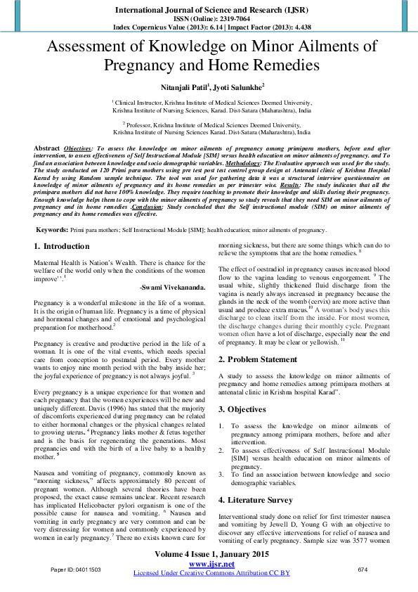 (PDF) Assessment of Knowledge on Minor Ailments of Pregnancy and Home ...