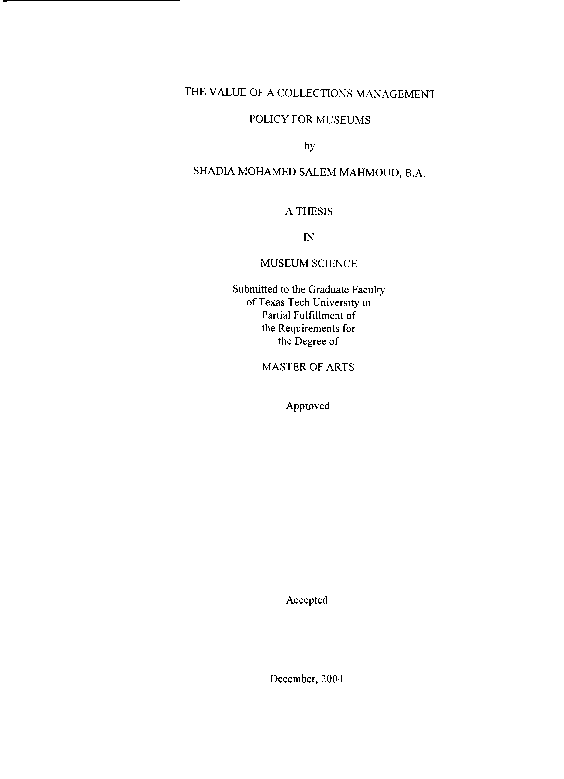 (PDF) THE VALUE OF A COLLECTIONS MANAGEMENT POLICY FOR MUSEUMS by