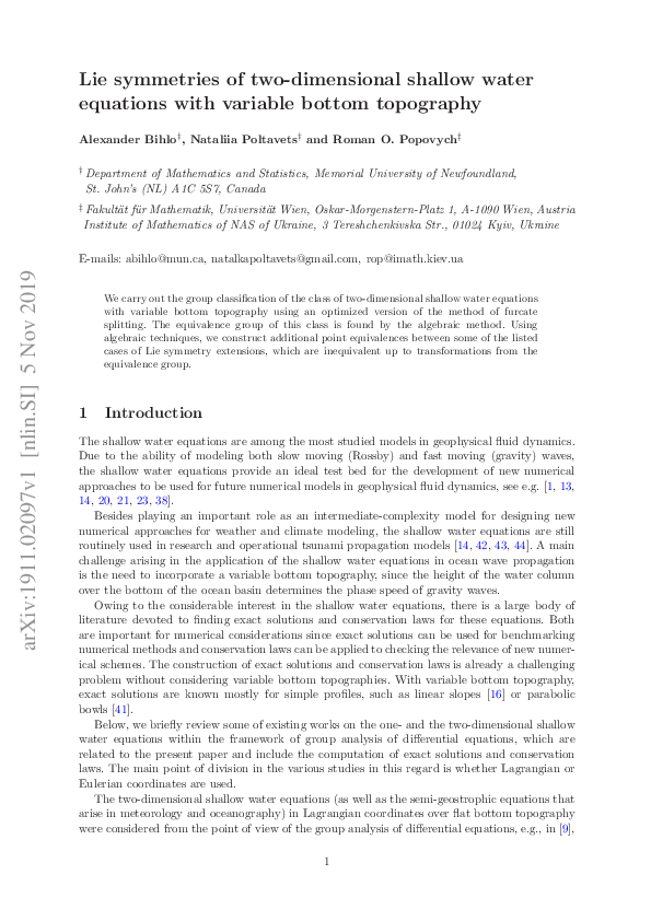 (PDF) Lie symmetries of two-dimensional shallow water equations with ...