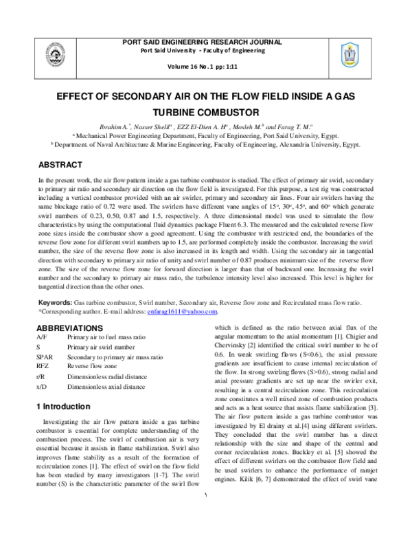 (PDF) Effect of Secondary Air on the Flow Field Inside a Gas Turbine ...