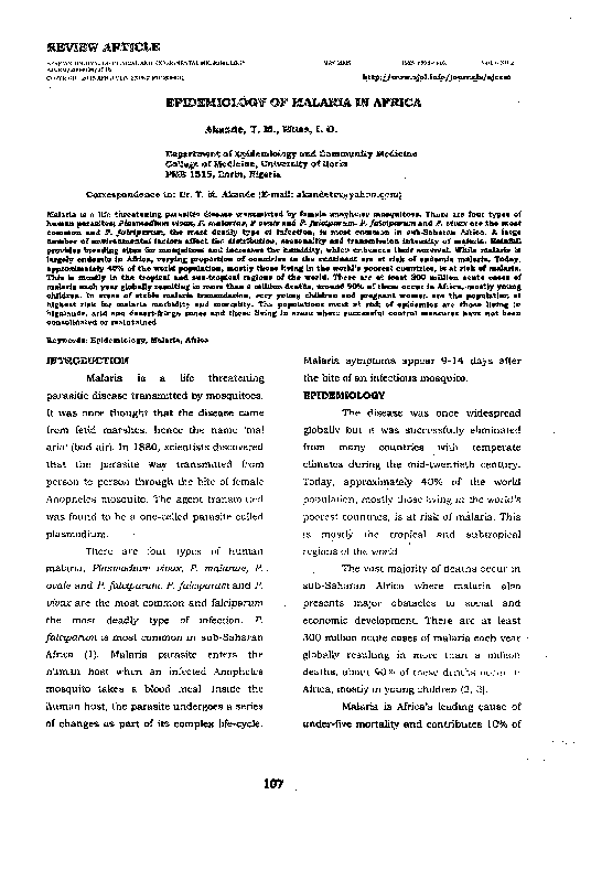 (PDF) Review Article: Epidemiology of Malaria in Africa