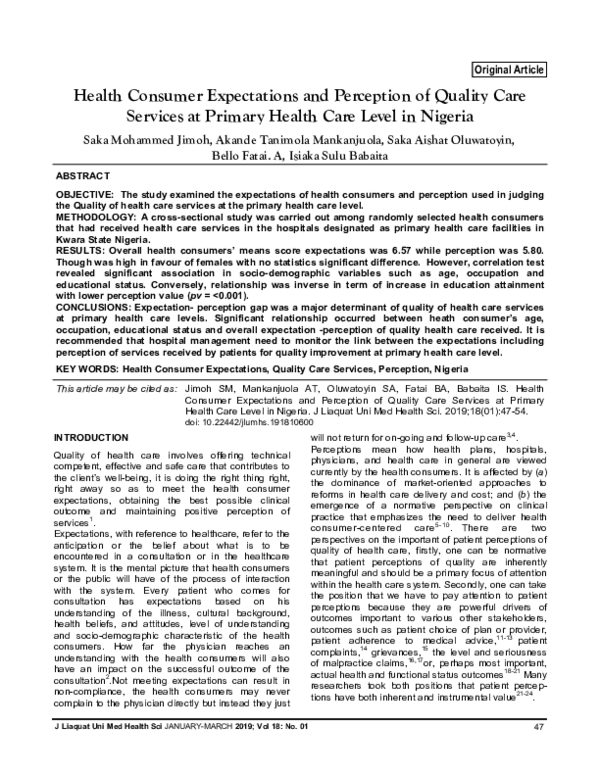 (PDF) Health Consumer Expectations and Perception of Quality Care ...