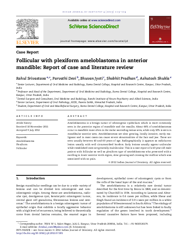 (PDF) Follicular with plexiform ameloblastoma in anterior mandible Report of case and