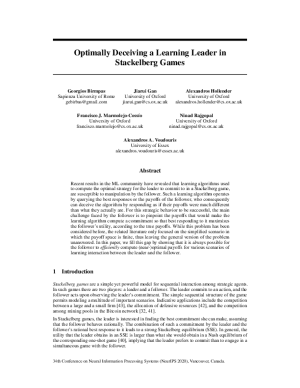 (PDF) Optimally Deceiving a Learning Leader in Stackelberg Games