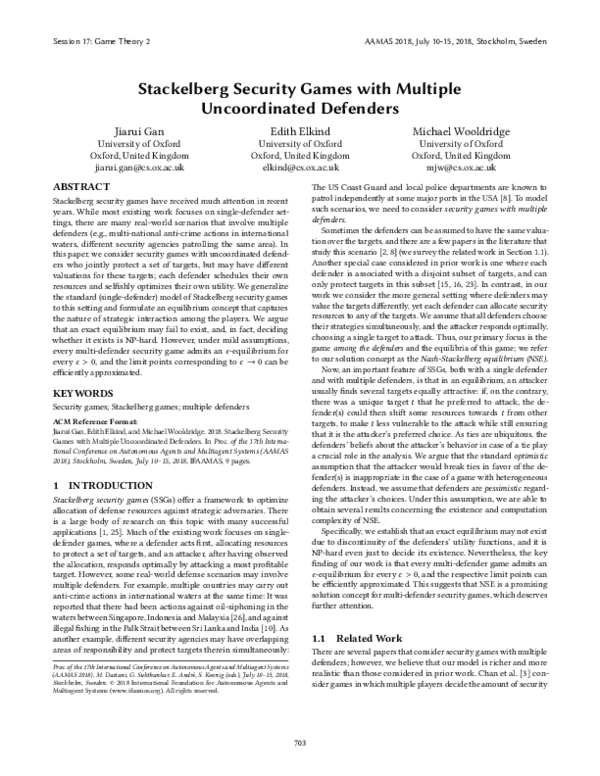 (PDF) Stackelberg Security Games with Multiple Uncoordinated Defenders