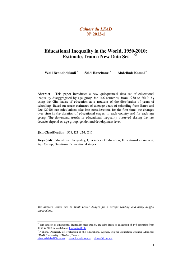 (PDF) Inequality in the World , 1950-2010 : Estimates from a New Data Set