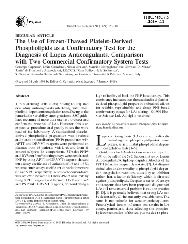 (PDF) The Use of FrozenThawed PlateletDerived Phospholipids as a