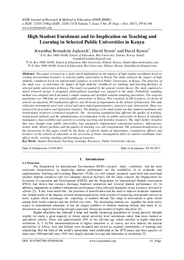 (PDF) High Student Enrolment and its Implication on Teaching and ...