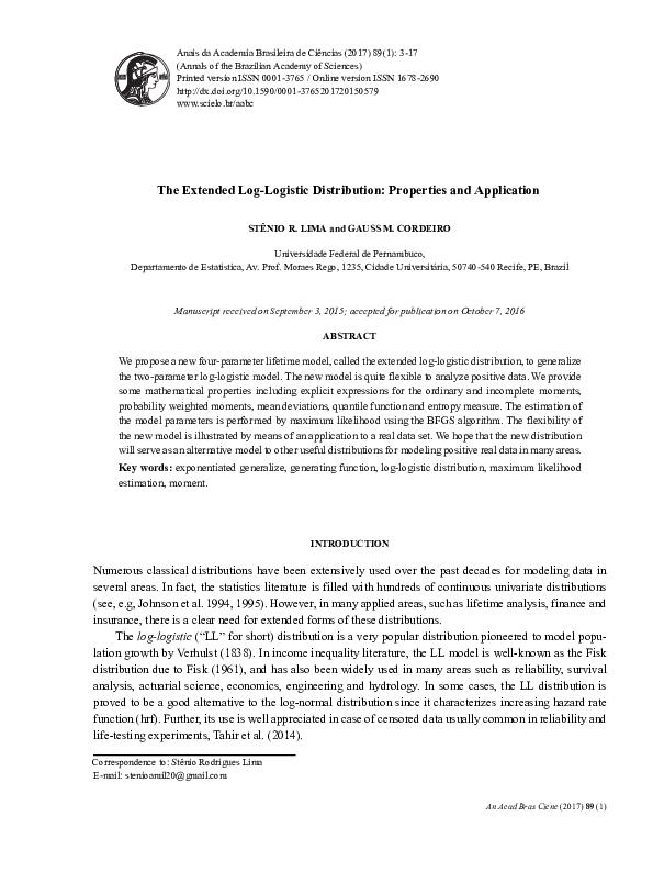 (PDF) The Extended Log-Logistic Distribution: Properties and Application
