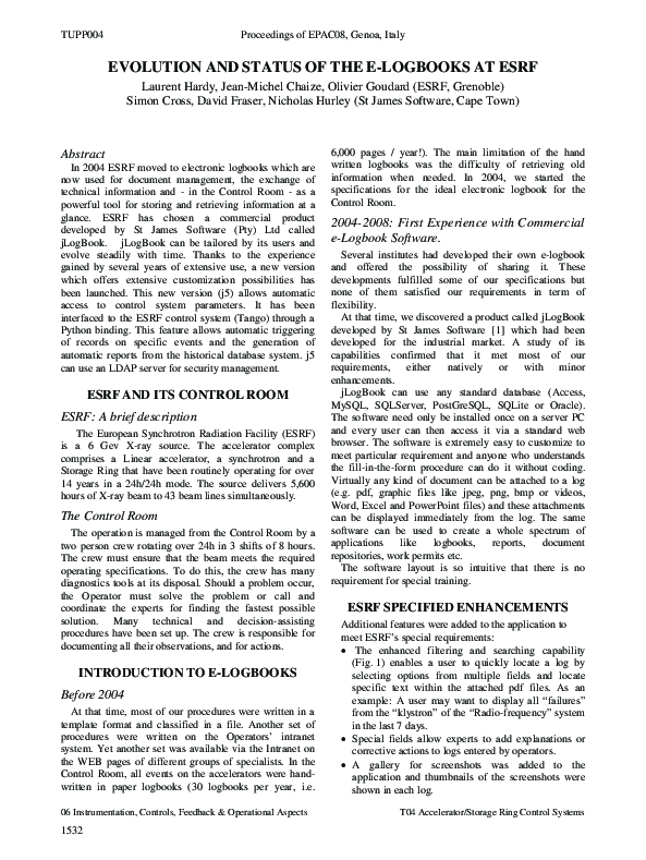 (PDF) Evolution and Status of the E-Logbooks at Esrf