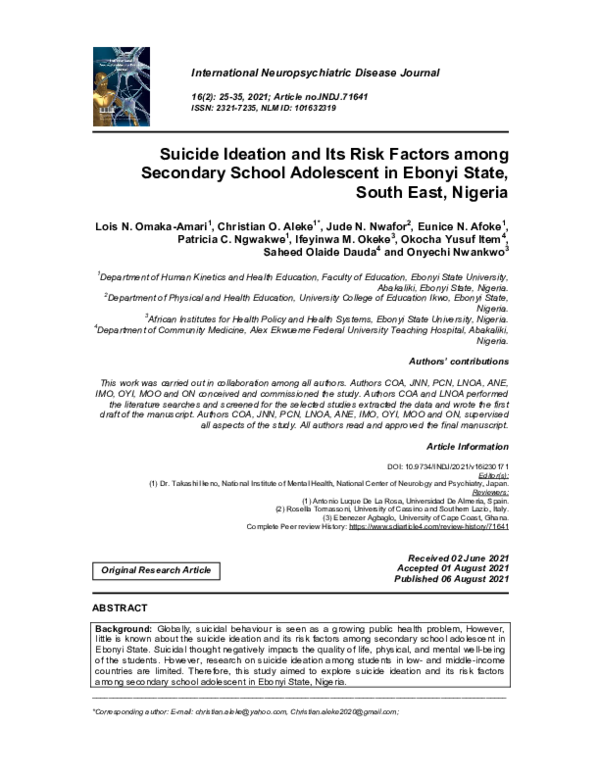 (PDF) Suicide Ideation and Its Risk Factors among Secondary School ...