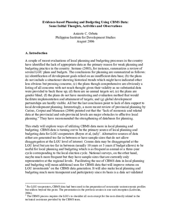 (PDF) Evidence-based Planning and Budgeting Using CBMS Data: Some ...