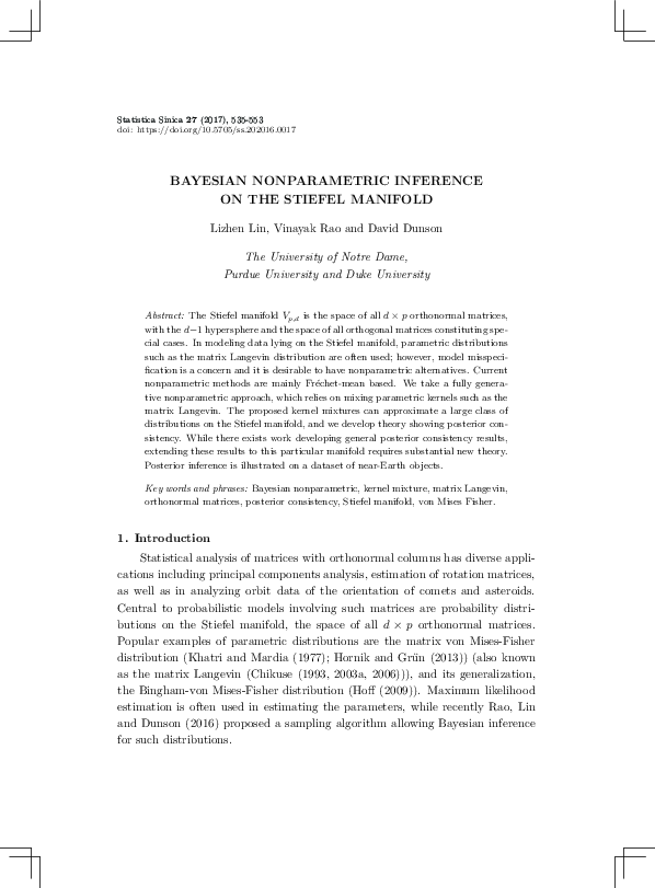 (PDF) Bayesian nonparametric inference on the Stiefel manifold