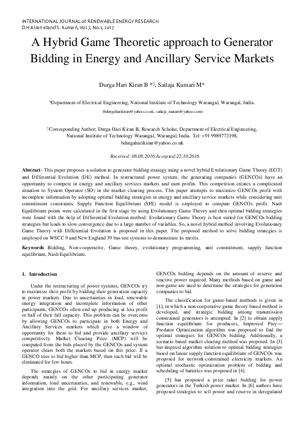 (PDF) A Hybrid Game Theoretic approach to Generator Bidding in Energy ...