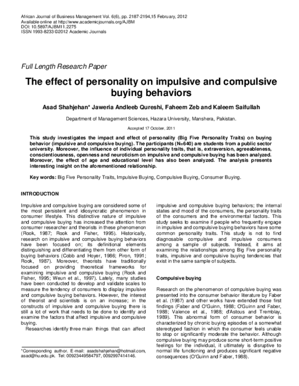(PDF) The effect of personality on impulsive and compulsive buying ...