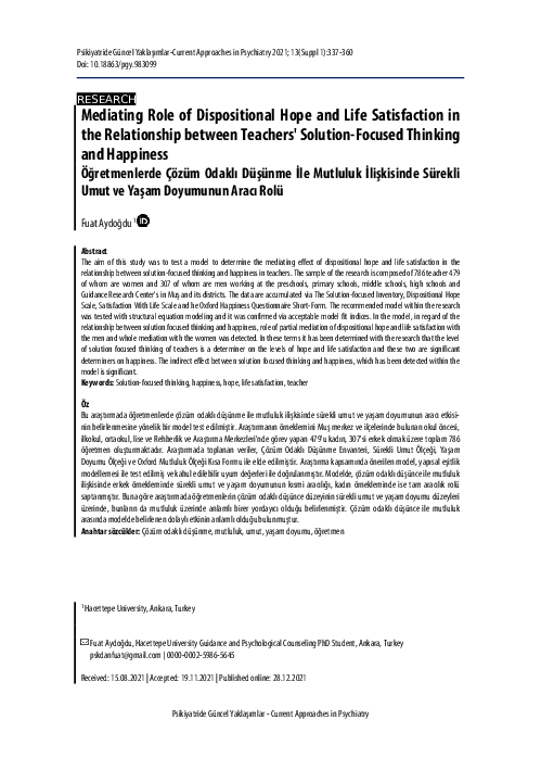 (PDF) Mediating Role of Dispositional Hope and Life Satisfaction in the ...
