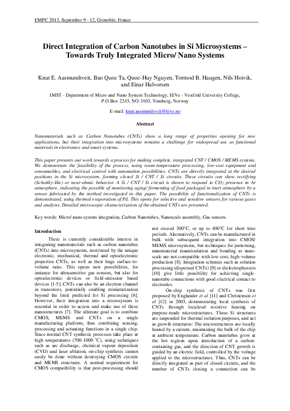 (PDF) Direct integration of carbon nanotubes in Si microstructures